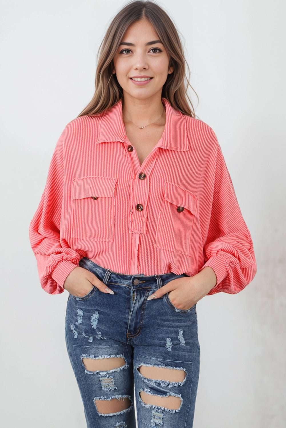 Buttoned Collared Neck Long Sleeve Top - VILLA FASHION